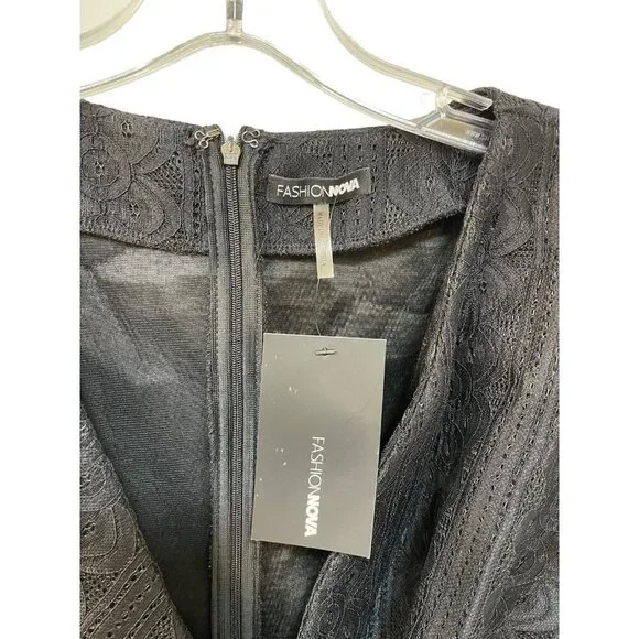 NEW Fashion Nova Here to Stay Dress Black Puffy Sleeve Front Knot Size Large - Picture 4 of 7